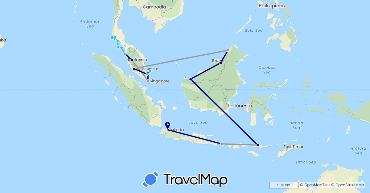 TravelMap itinerary: driving, plane, boat in Indonesia, Malaysia, Singapore, Thailand (Asia)